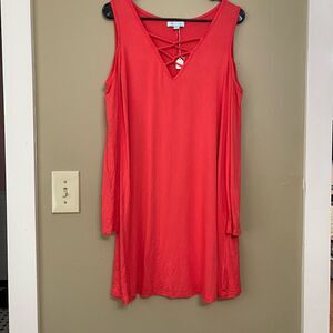 She + Sky Criss Cross Front Coral Cold Shoulder Long Sleeve Dress Large NWT